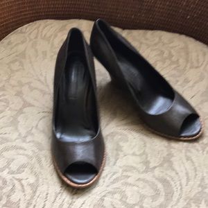 Chocolate brown peep toe wedges